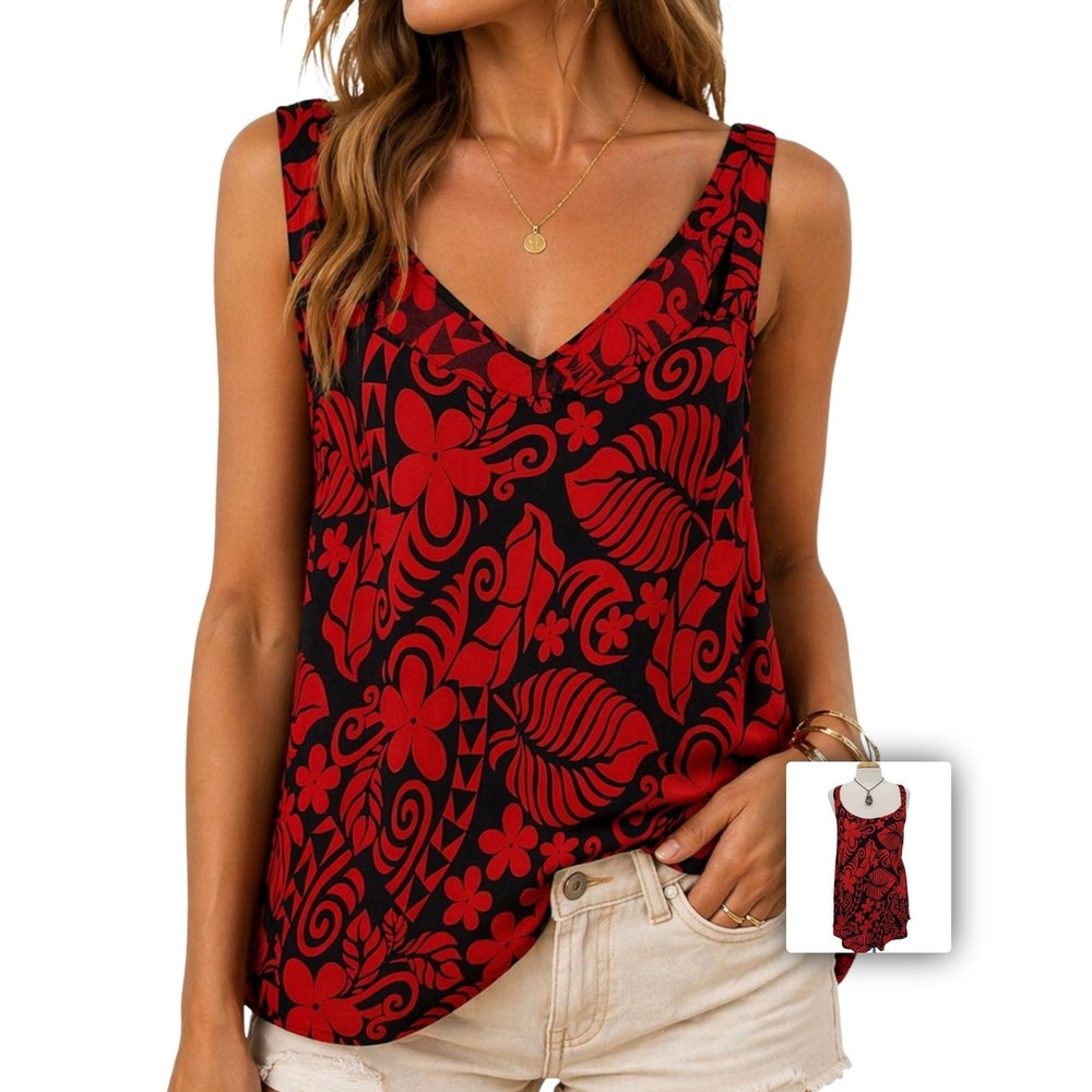 Womens Red Black Floral‎ Tunic Tank Flowy Lightweight Beach Vacation Top 3XL